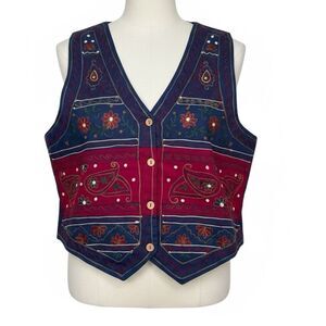 Vintage Paisley Embroidered Vest Boho Folk Festival 100% Cotton India Size M